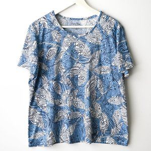 CORAL BAY Blue Short Sleeve Paisley Top - Size Petite X-Large